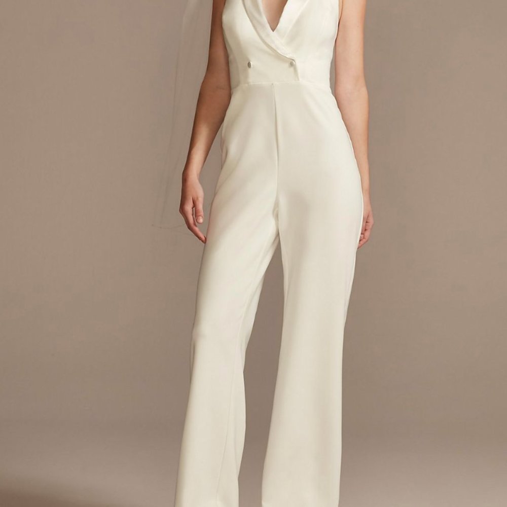 David's bridal tuxedo inspired halter jumpsuit